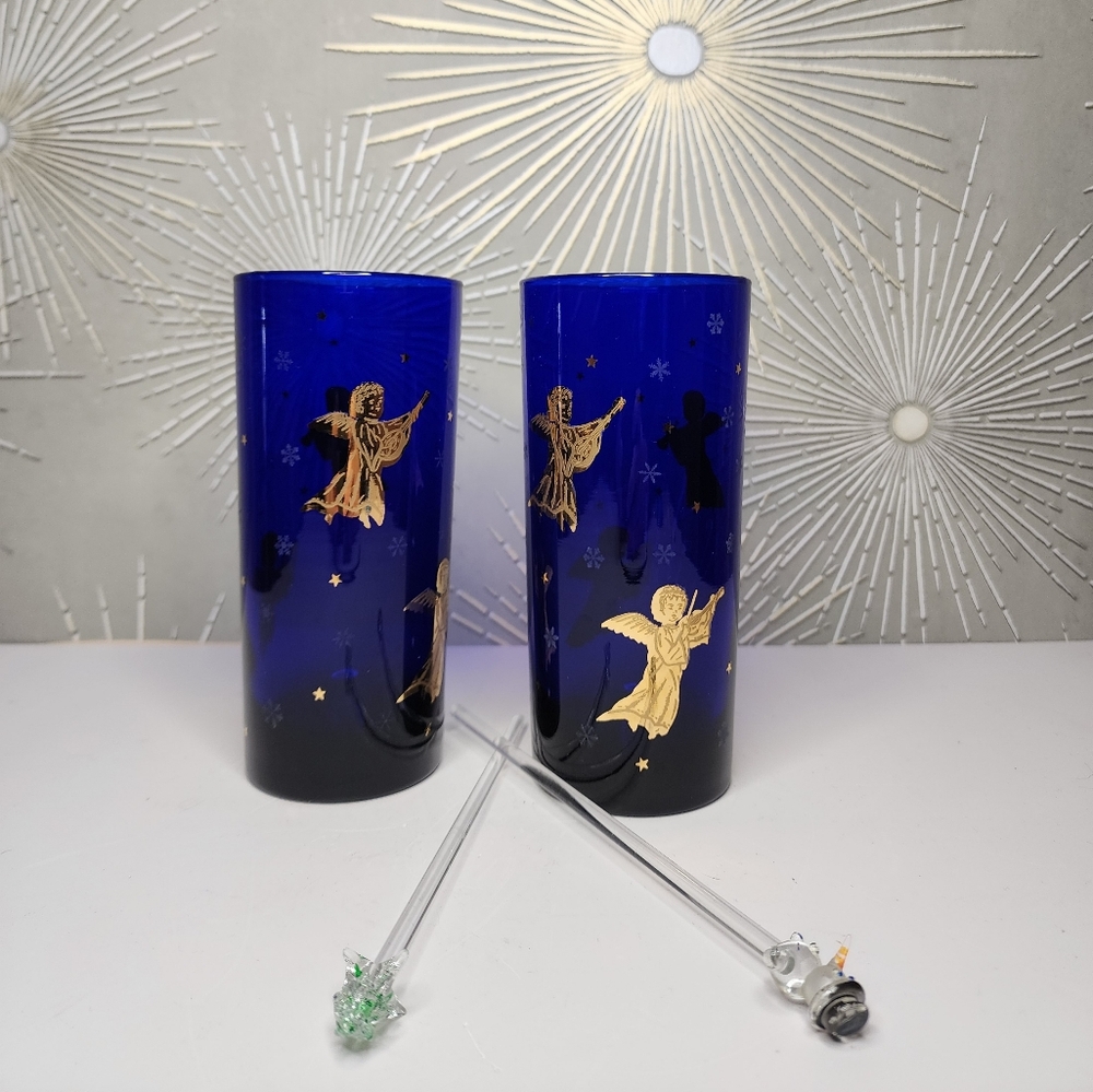 Culver Highball Angel Glasses with 2 Holiday Swizzle Sticks
